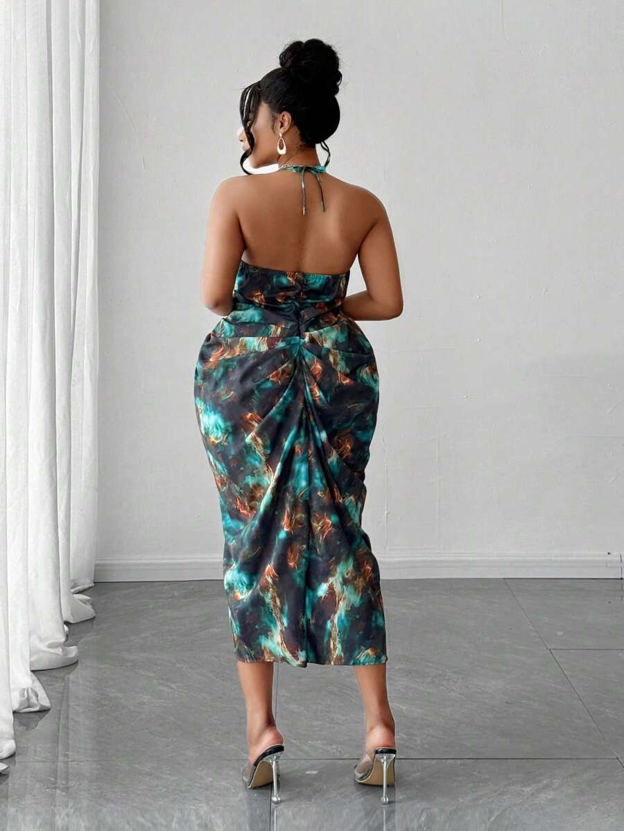 Image 14 - sleeve detail of Plus Size Women’s Tie Dye Pleated Casual Halter Neck Dress for Trendy Party Outings