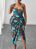 Image 15 - party styling of Plus Size Women’s Tie Dye Pleated Casual Halter Neck Dress for Trendy Party Outings