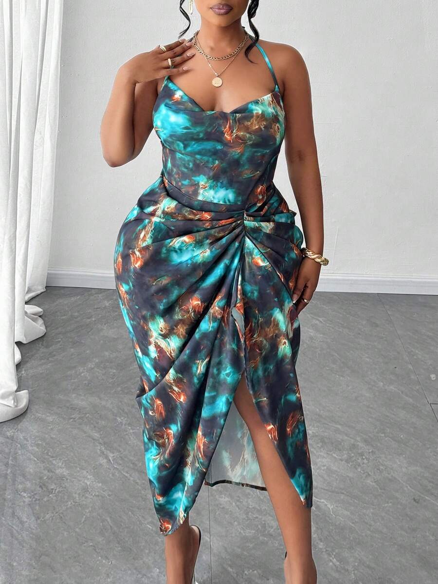 Image 15 - party styling of Plus Size Women’s Tie Dye Pleated Casual Halter Neck Dress for Trendy Party Outings