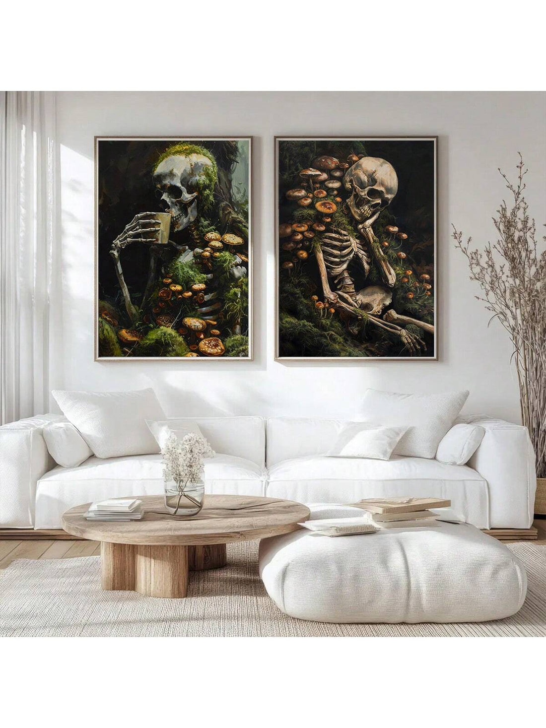 Bring a spooky twist to your space with this Gothic Skeleton Art Posters Set. Featuring vintage-style forest mushrooms and skull prints, these posters add a dark cottagecore vibe that's both eerie and enchanting. Perfect for those who love a playful mix of nature and gothic charm, these prints will make your walls come alive with mysterious woodland magic.