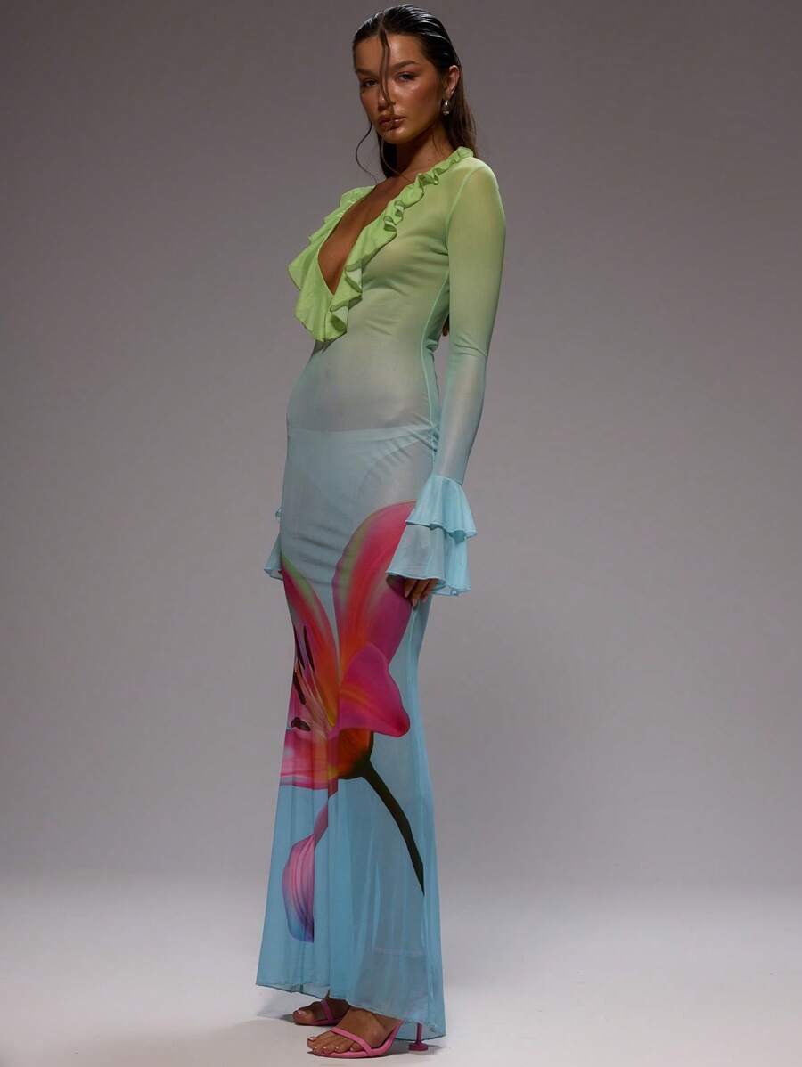 Green mesh maxi dress view 1