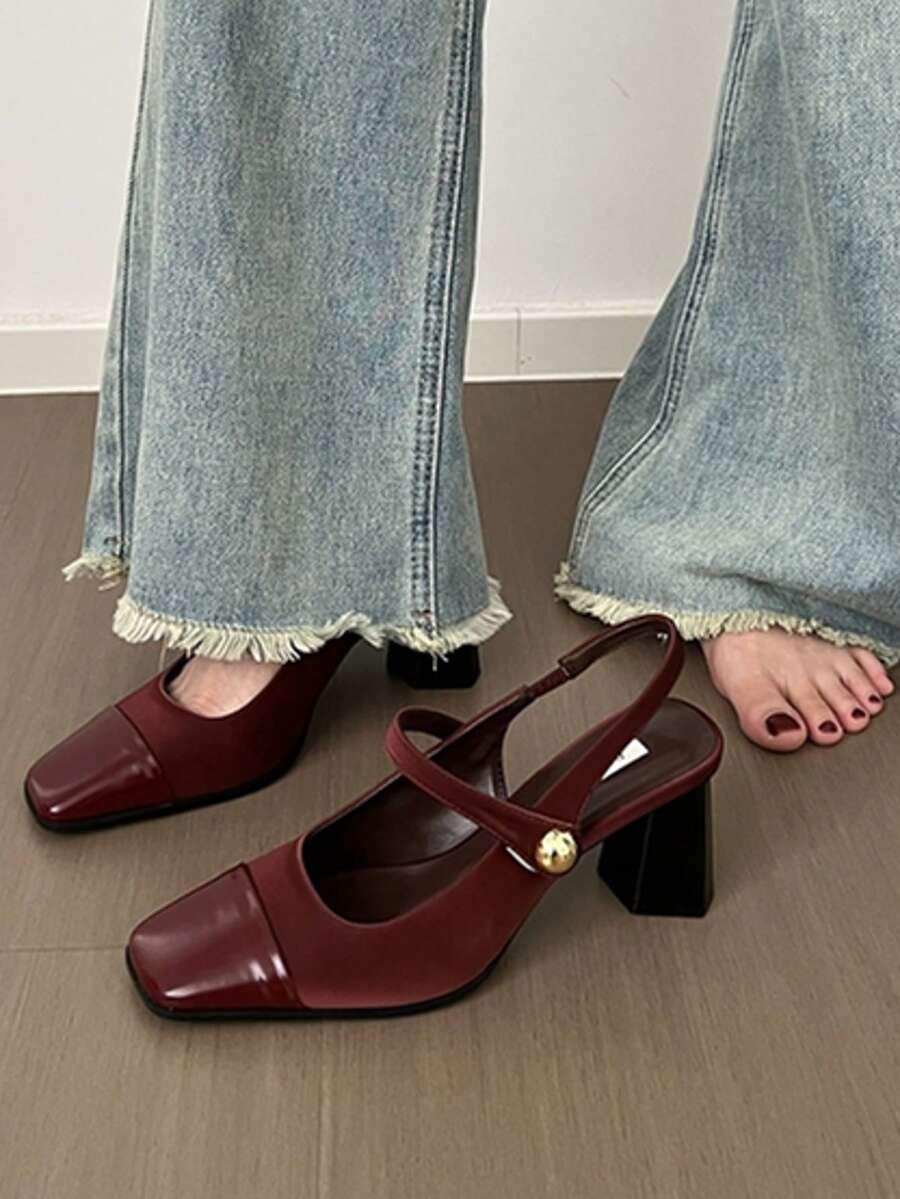 vintage peep toe block heel pumps image 28 showing visible heel, toe, strap, color, and material details