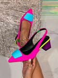 Hot pink pointed slingback pumps with turquoise front accent and purple block heel
