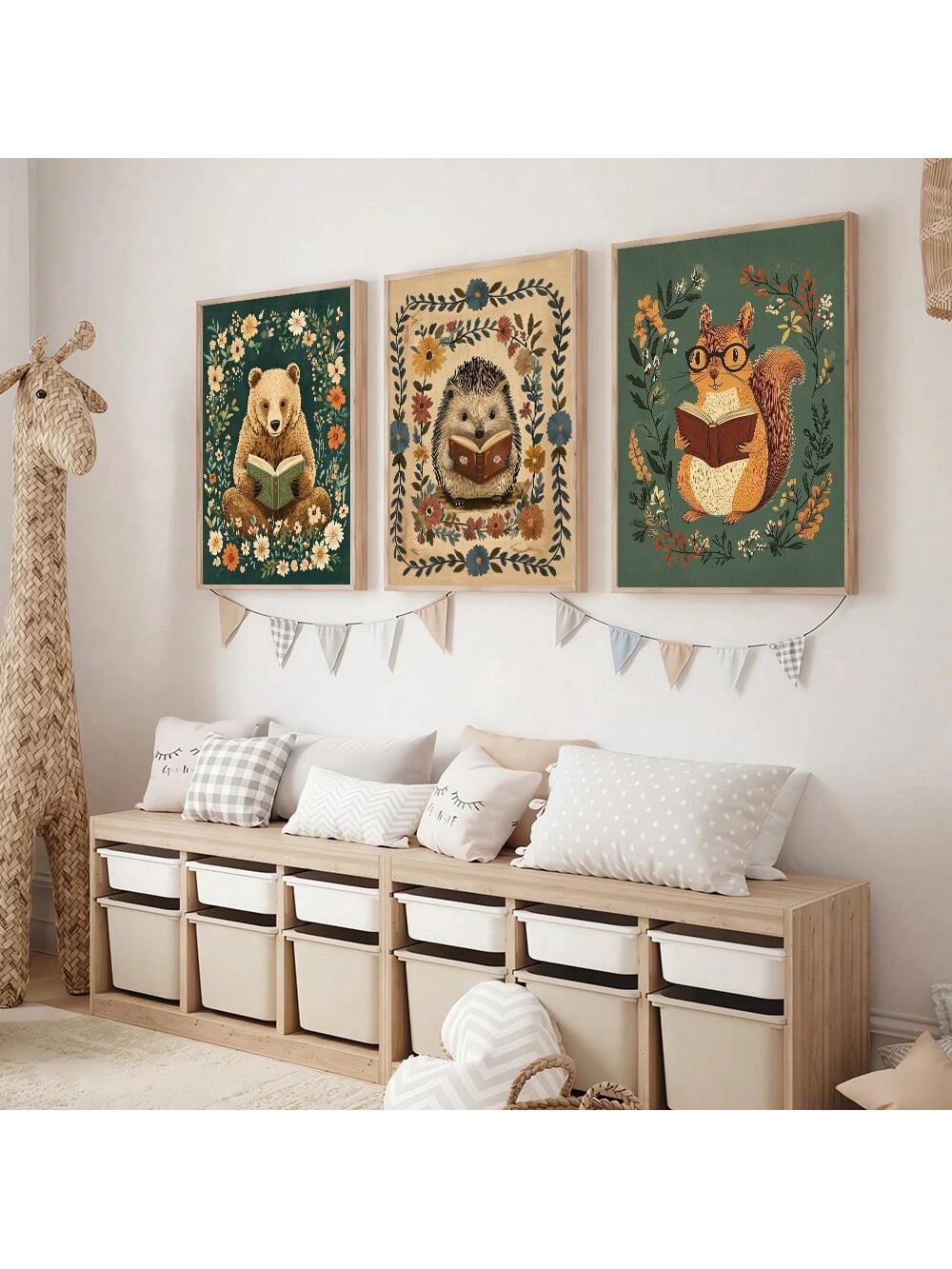 Transform your little one's nursery into a whimsical woodland wonderland with our Cozy Woodland Animal Art Set! These charming unframed canvas prints feature adorable forest creatures snuggled up with their favorite books, perfect for nurturing a love of reading from day one. Designed to spark imagination and bring a touch of nature indoors, these playful prints will grow with your child from nursery to big-kid room!