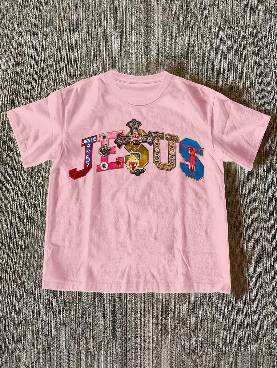 Front view of baby pink women’s Jesus graphic T-shirt with ornate faith print