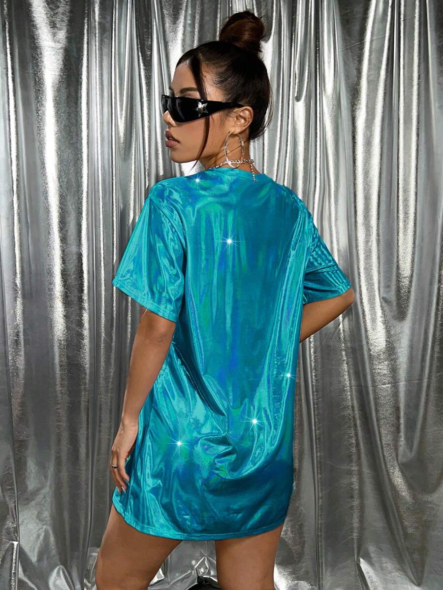 Teal holographic oversized T-shirt mini dress back view for festival styling