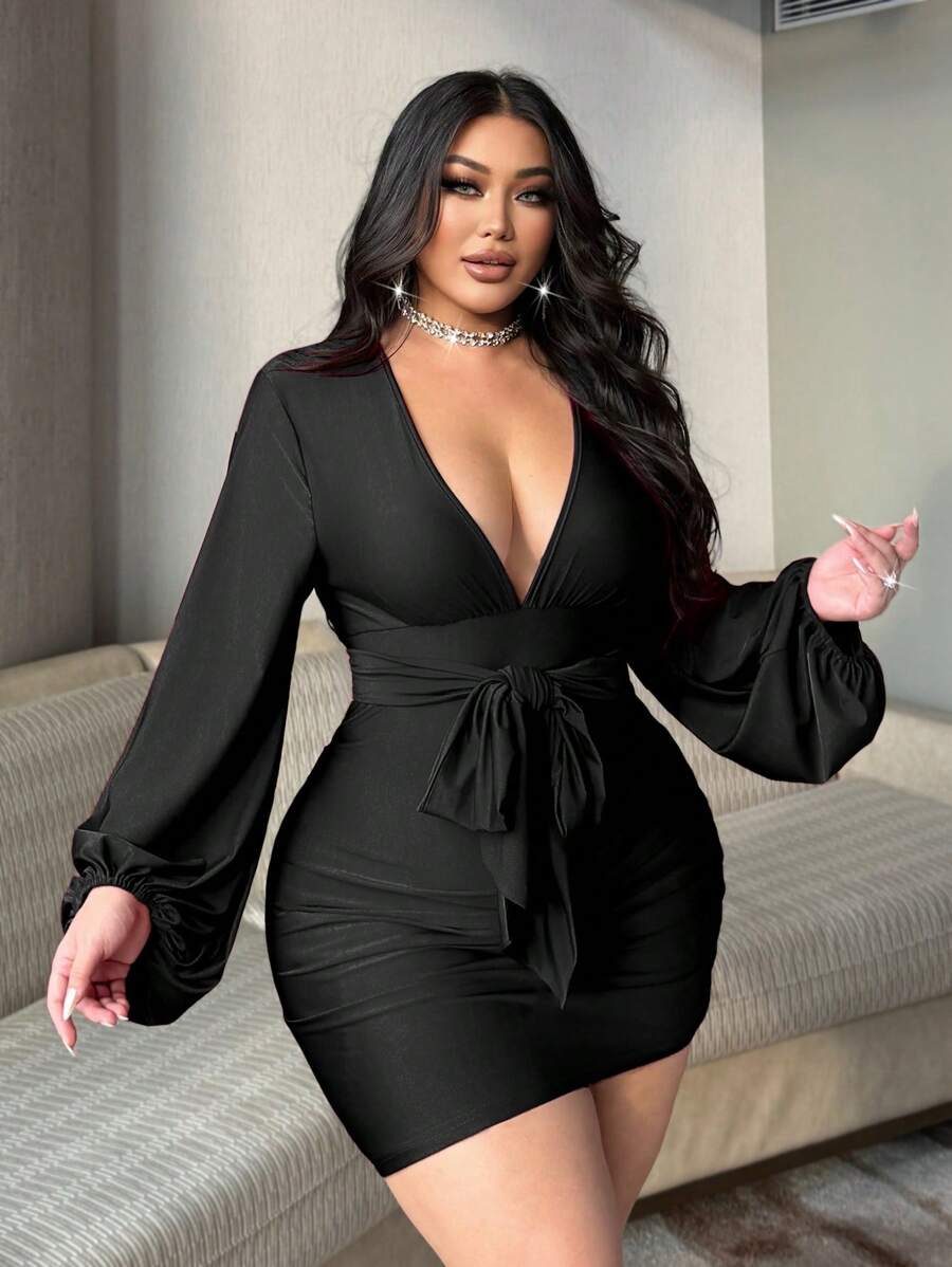 Turn heads this Valentine's Day in our Chic Plus Size Red Ruffle Tie Lantern Sleeve Dress. Featuring playful ruffles and romantic lantern sleeves, this dress combines comfort with flirty style. The tie detail adds a sweet touch, making it perfect for celebrating love or dazzling at any special occasion. Embrace your curves with confidence and charm!