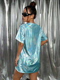 Light aqua holographic oversized T-shirt mini dress back view for festival styling