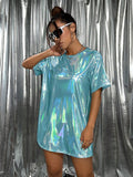 Light aqua holographic oversized T-shirt mini dress angled front view for festival styling