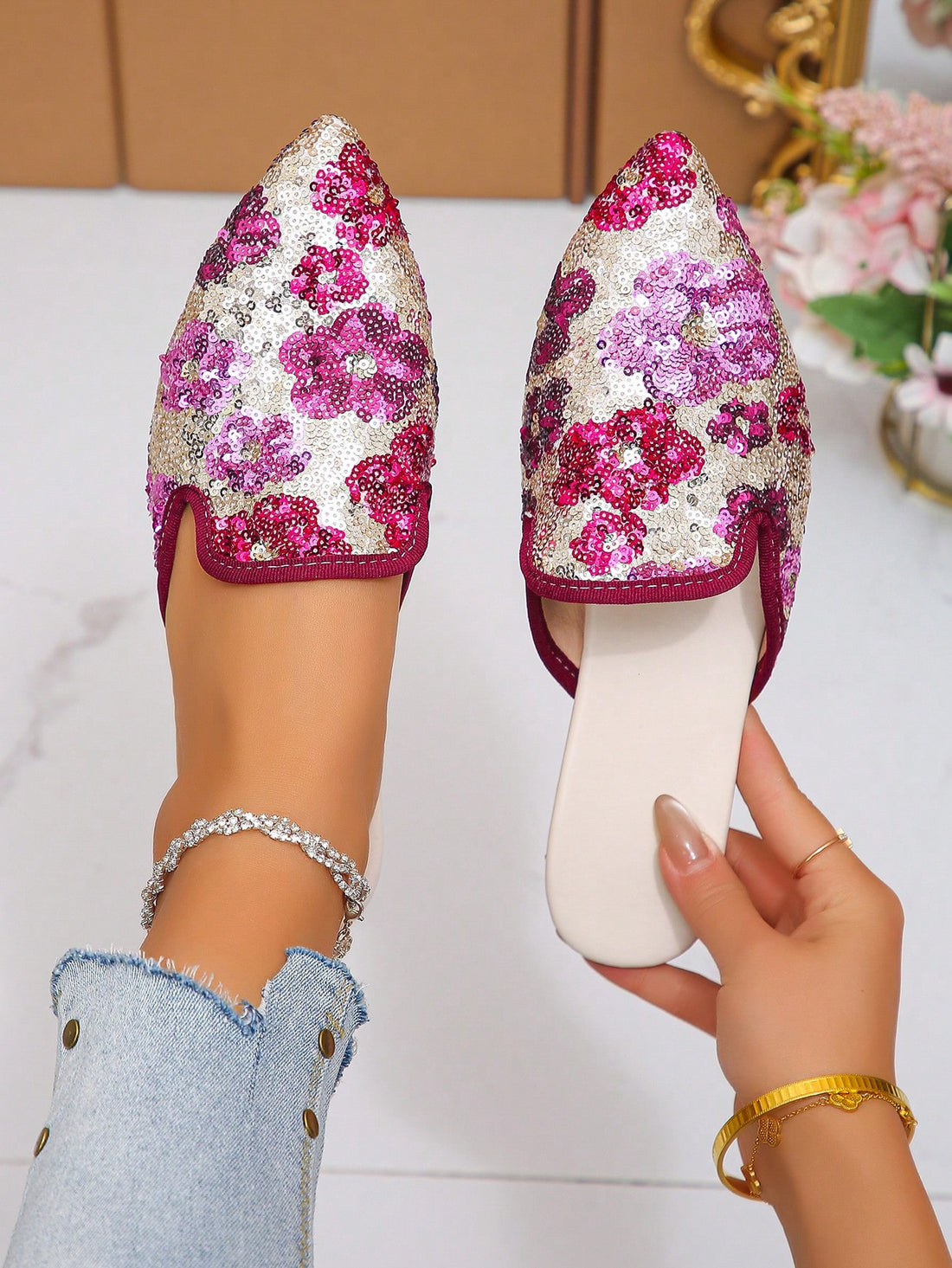 Step out with sparkle and sass in these oversized sequin pointed toe slip-on flats. Designed for effortless style, they add a dazzling touch to any casual outfit. Lightweight and comfy, these loafers are your go-to for spring, summer, and autumn adventures. Shine bright wherever you wander!