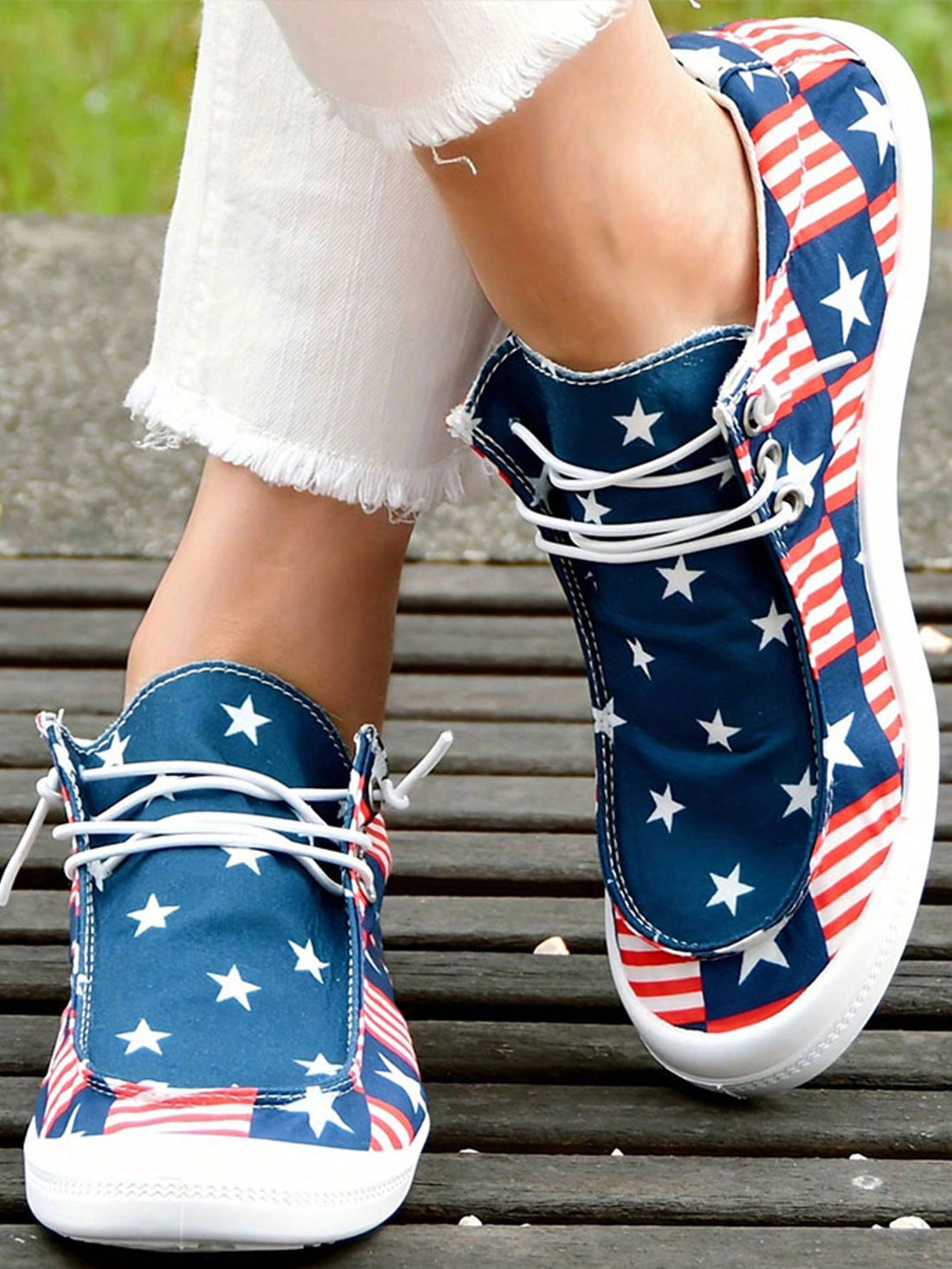 Celebrate freedom in style with these playful women's slip-on shoes featuring a vibrant striped star print perfect for Independence Day. Designed for comfort and breathability, they keep your feet happy all day long. Available in plus sizes, these casual shoes combine festive flair with easy wearability, making them your go-to choice for summer fun and patriotic vibes.