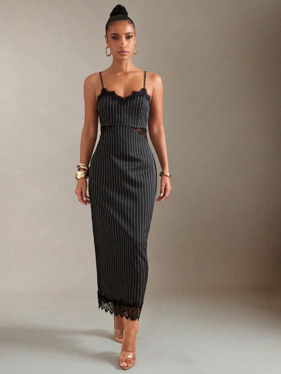 Chic Lace Insert Open Back Pinstripe Cami Midi Dress for Elegant