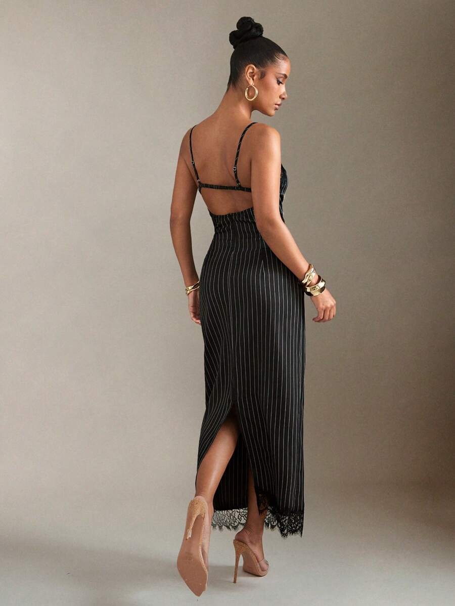 Step into summer with this playful pinstripe cami midi dress featuring a chic lace insert and an open back. Perfect for business casual days, it blends elegance with a flirty twist, keeping you cool and confident from meetings to after-hours. Its sleek silhouette and delicate details make every moment feel effortlessly stylish.