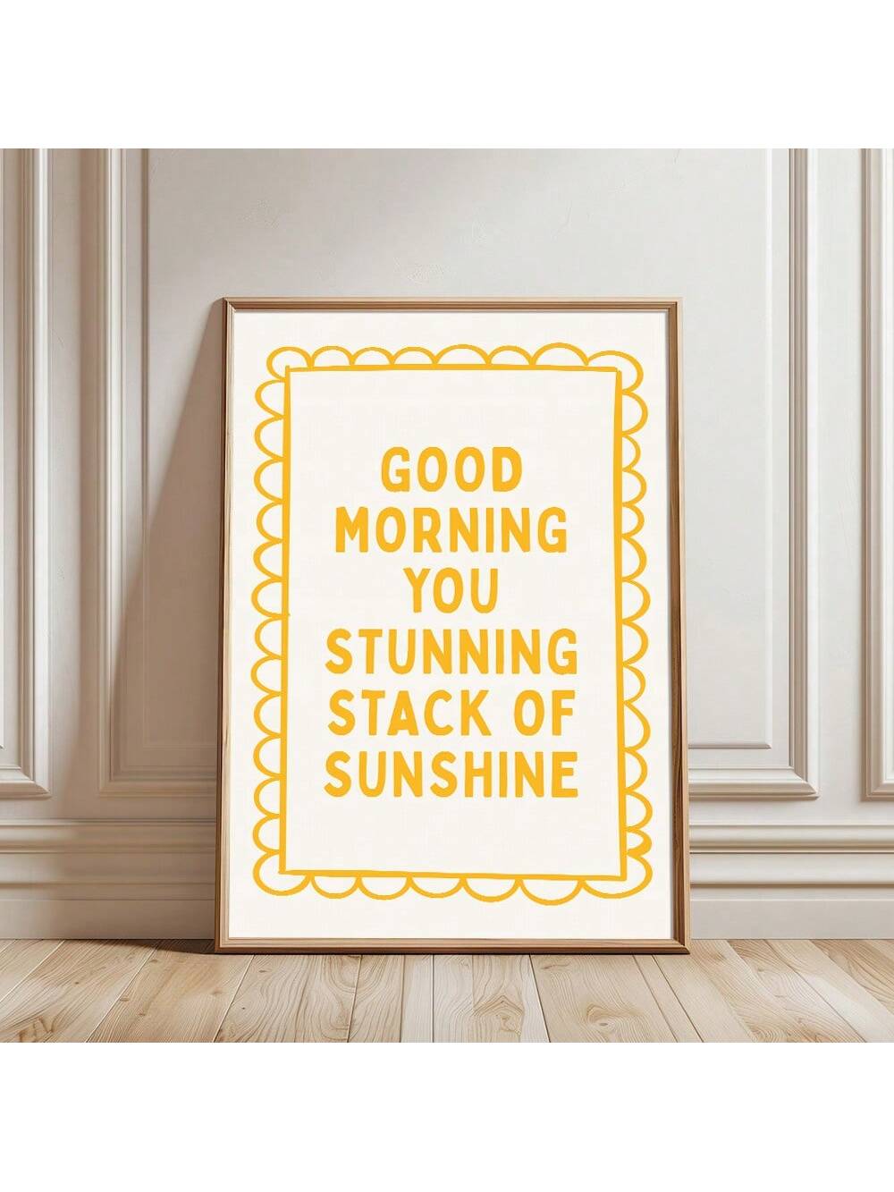 Wake up to positivity with this cheerful minimalist wall art poster featuring stacked typography that celebrates morning moments and sunshine vibes. The clean yellow design brings warmth and optimism to any room, perfect for bedrooms, home offices, or creative spaces seeking an aesthetic boost. Simple yet impactful, this piece transforms blank walls into daily reminders to embrace good energy and start each day with a smile.