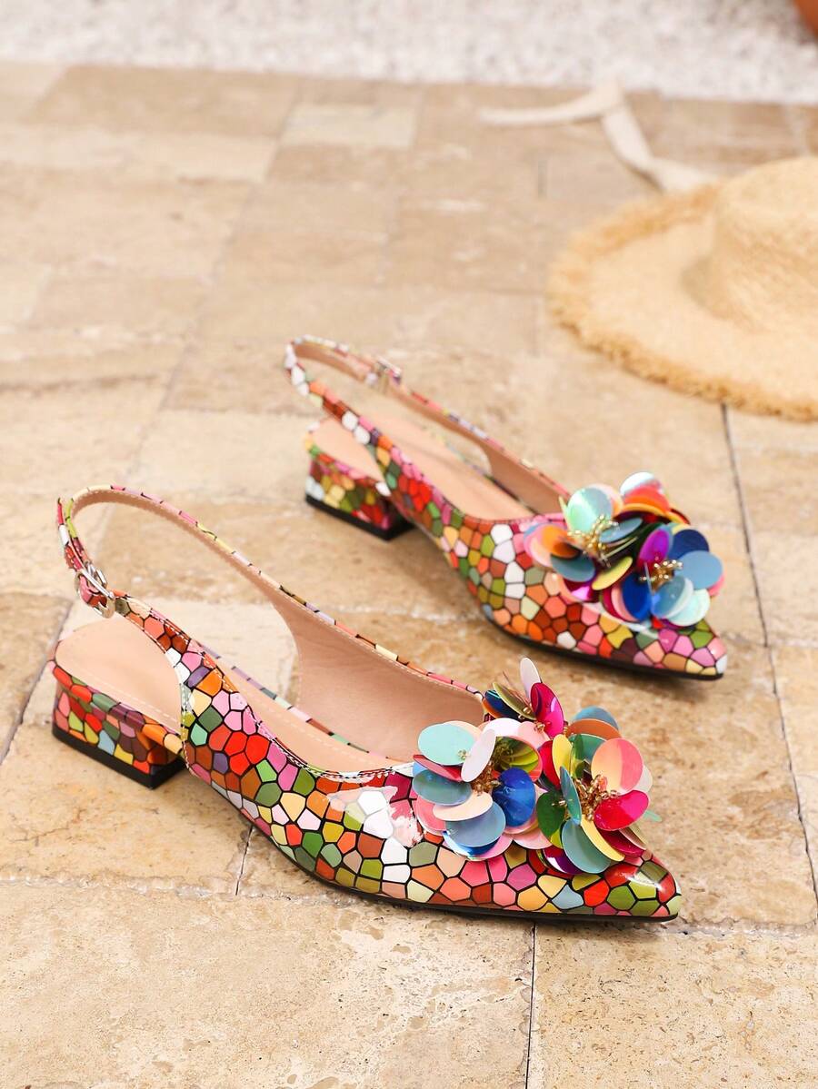 Multicolor mosaic pointed-toe slingback flats with sequin flower decor and low chunky heel on stone floor