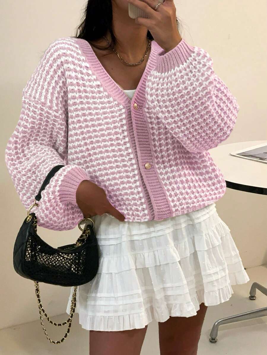 Front view of Women’s Plaid V-Neck Button-Up Cardigan for Effortless Style and Comfort in Multicolor plaid