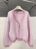 Close-up detail of Women’s Plaid V-Neck Button-Up Cardigan for Effortless Style and Comfort plaid knit texture