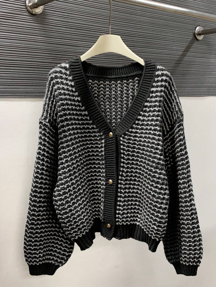 Detail shot of Women’s Plaid V-Neck Button-Up Cardigan for Effortless Style and Comfort button-up front placket