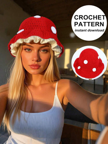 Red mushroom crochet bucket hat with white spots and cream ruffle underside