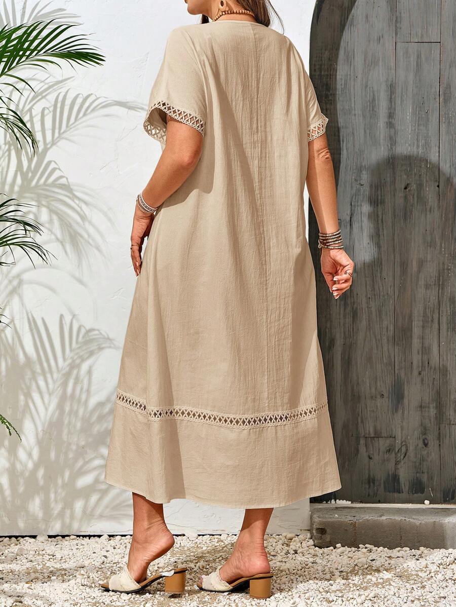 This chic plus size summer dress combines comfort with style, featuring a breathable hollow design and a flattering V-neckline. Its loose fit ensures ease of movement and all-day comfort, making it a versatile choice for warm-weather outings. Ideal for women seeking both elegance and a relaxed silhouette.