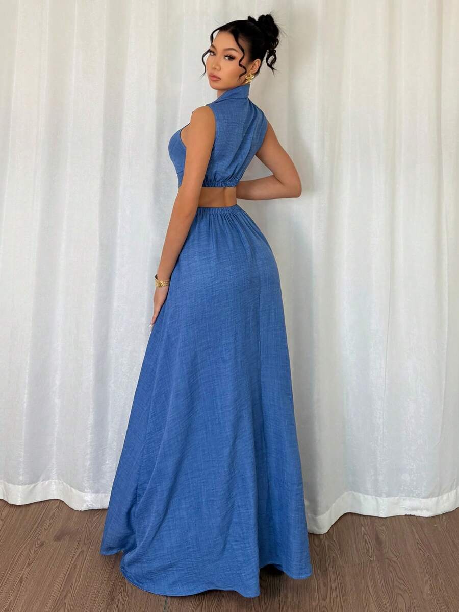 This chic summer dress is perfect for any occasion! With its elegant French woven design, V-neckline, and sleeveless style, you'll feel stylish and comfortable all day long. The hollow-out waist adds a touch of playfulness to this classic piece. Say oui to this dress!