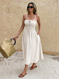 Ivory tie-front ruched midi dress with pockets and thin straps