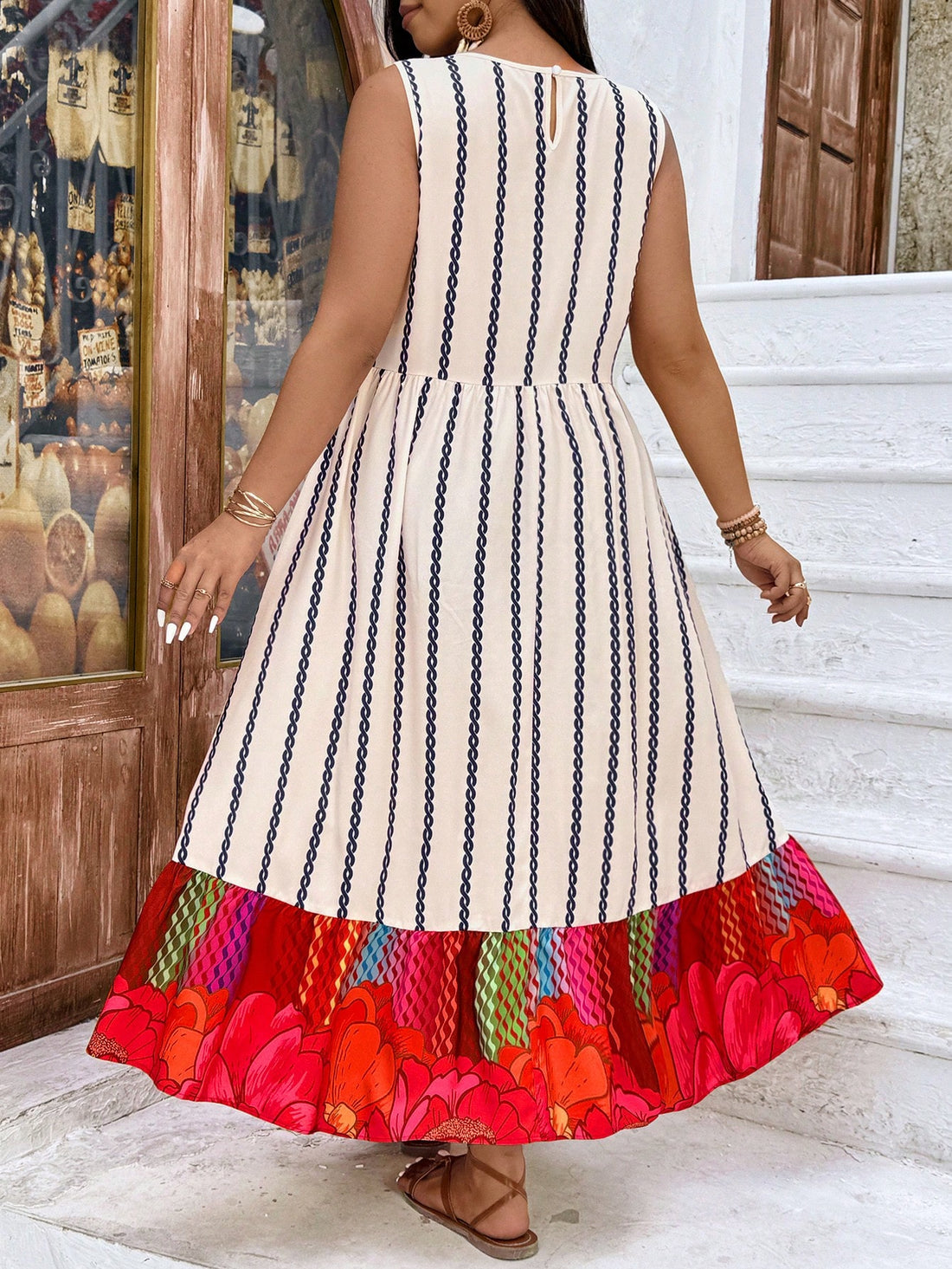 Step into vacation mode with this chic plus size sleeveless dress, featuring playful heart prints and stylish stripes. Its lightweight woven fabric keeps you cool and comfortable, while the long silhouette adds a touch of elegance perfect for sunny getaways. Embrace effortless style and fun vibes wherever your holiday takes you!