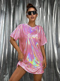 Pink holographic oversized T-shirt mini dress front view for festival styling