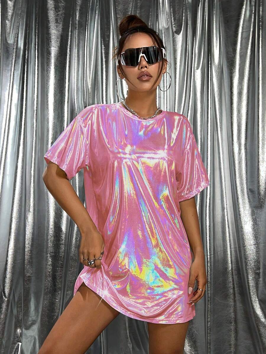 Pink holographic oversized T-shirt mini dress front view for festival styling