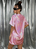 Pink holographic oversized T-shirt mini dress back view for festival styling