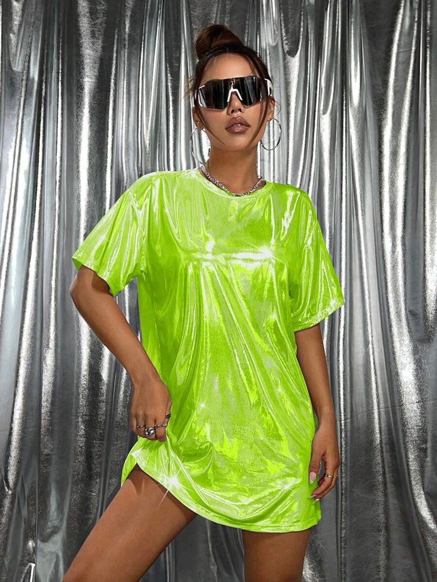 Neon lime holographic oversized T-shirt mini dress front view for festival styling