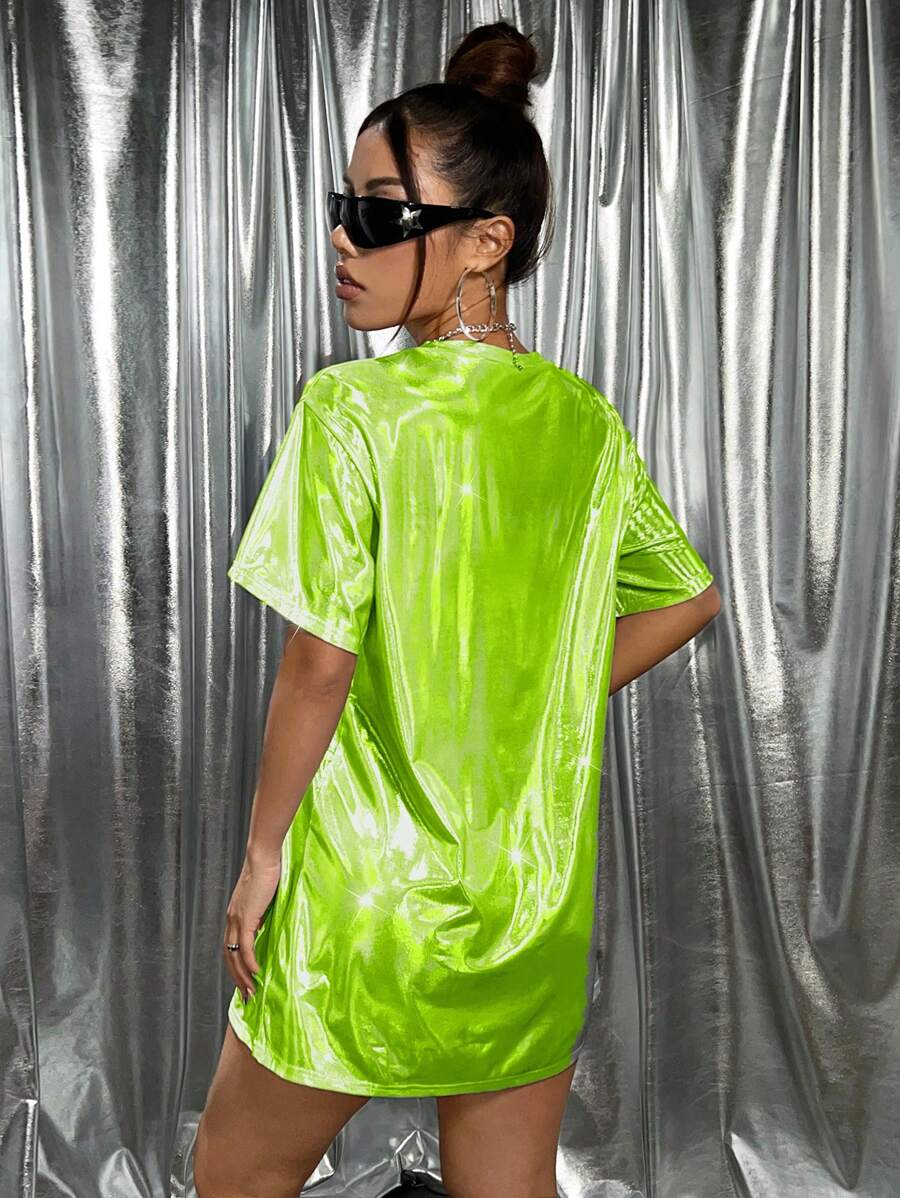Neon lime holographic oversized T-shirt mini dress back view for festival styling