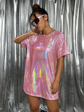 Pink holographic oversized T-shirt mini dress angled front view for festival styling