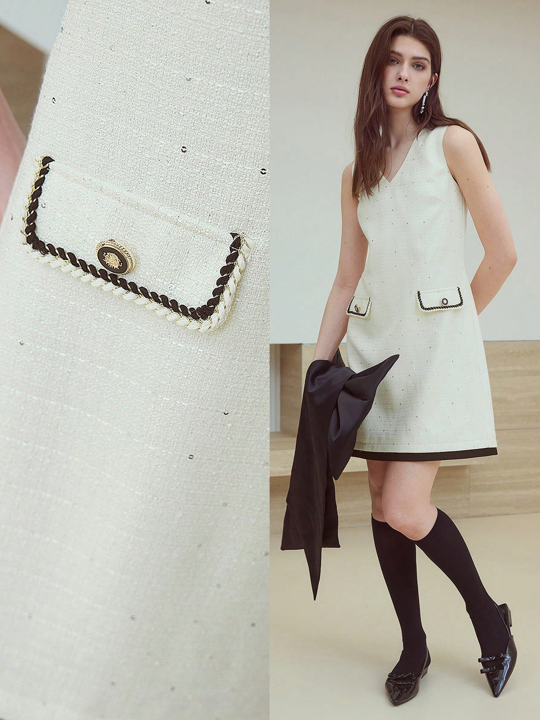 Step out in style with this playful tweed dress featuring eye-catching contrast binding. Perfect for adding a chic twist to your wardrobe, its textured fabric and bold edges create a fun, fashionable look that’s ready for any occasion. Embrace effortless elegance with a touch of flair!