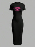 Side view of chic plus-size summer dress with california slogan - casual minimalist style for effortless fashion with summer styling for summer casual wear