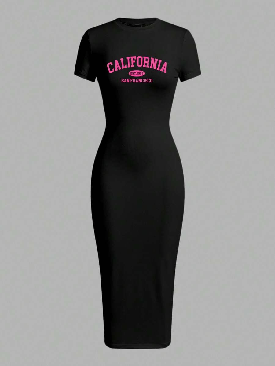 Side view of chic plus-size summer dress with california slogan - casual minimalist style for effortless fashion with summer styling for summer casual wear