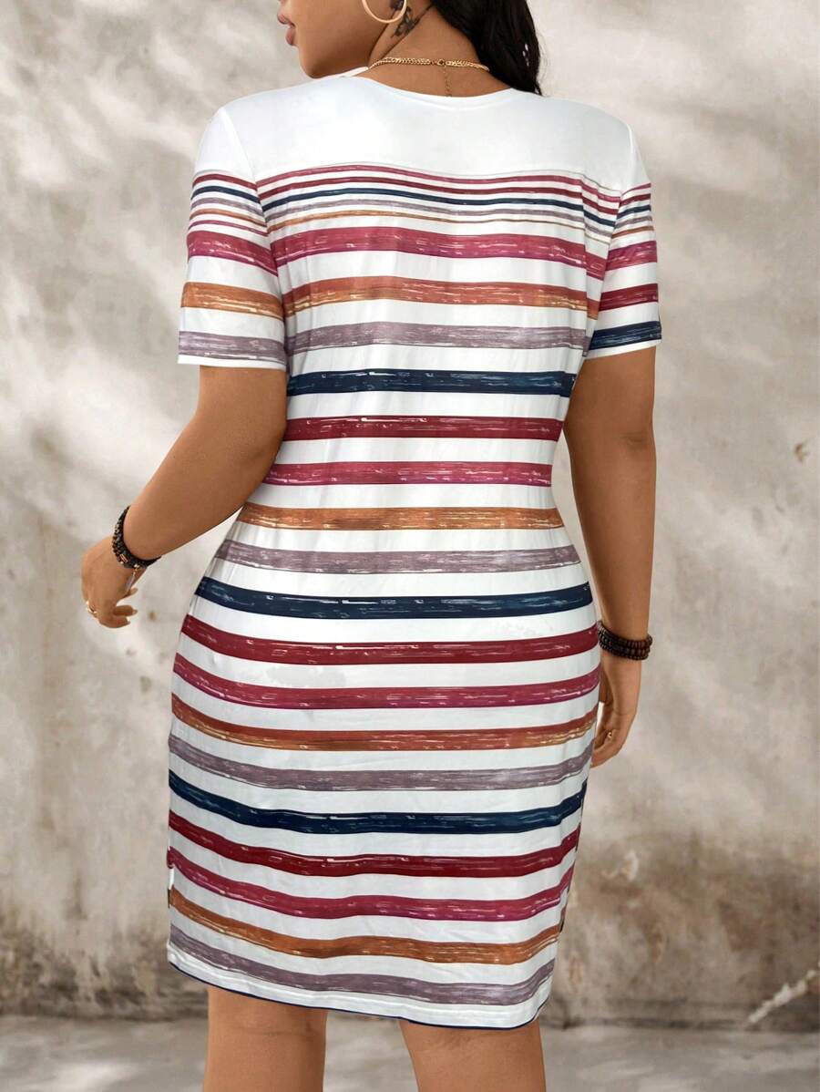 Stay cool and stylish in this playful plus size summer dress featuring vibrant stripes, comfy short sleeves, and a flattering round neck. Perfect for sunny days, it combines casual comfort with a fun, fresh look that’s easy to wear anywhere. Embrace your sunny side with this breezy, flattering piece made to keep you confident and chic all season long.