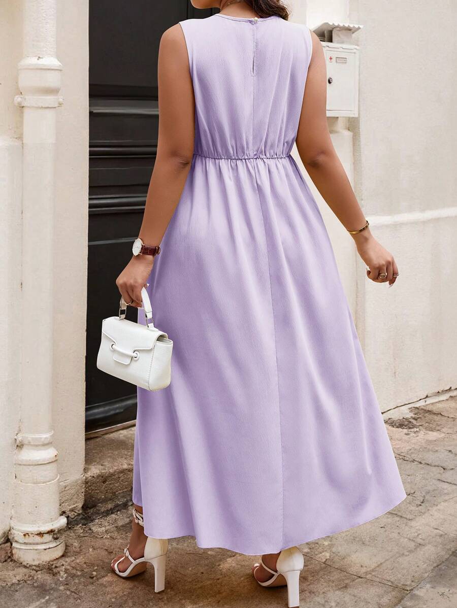 Step into summer with this playful plus size maxi dress designed for effortless style and comfort. Featuring a flattering round neckline and delicate pleats, it adds a breezy, feminine touch to your look. Its solid color makes it easy to mix and match, perfect for sunny days and warm evenings alike. Whether you're out for a casual stroll or a fun gathering, this dress keeps you light, comfortable, and fabulously chic.