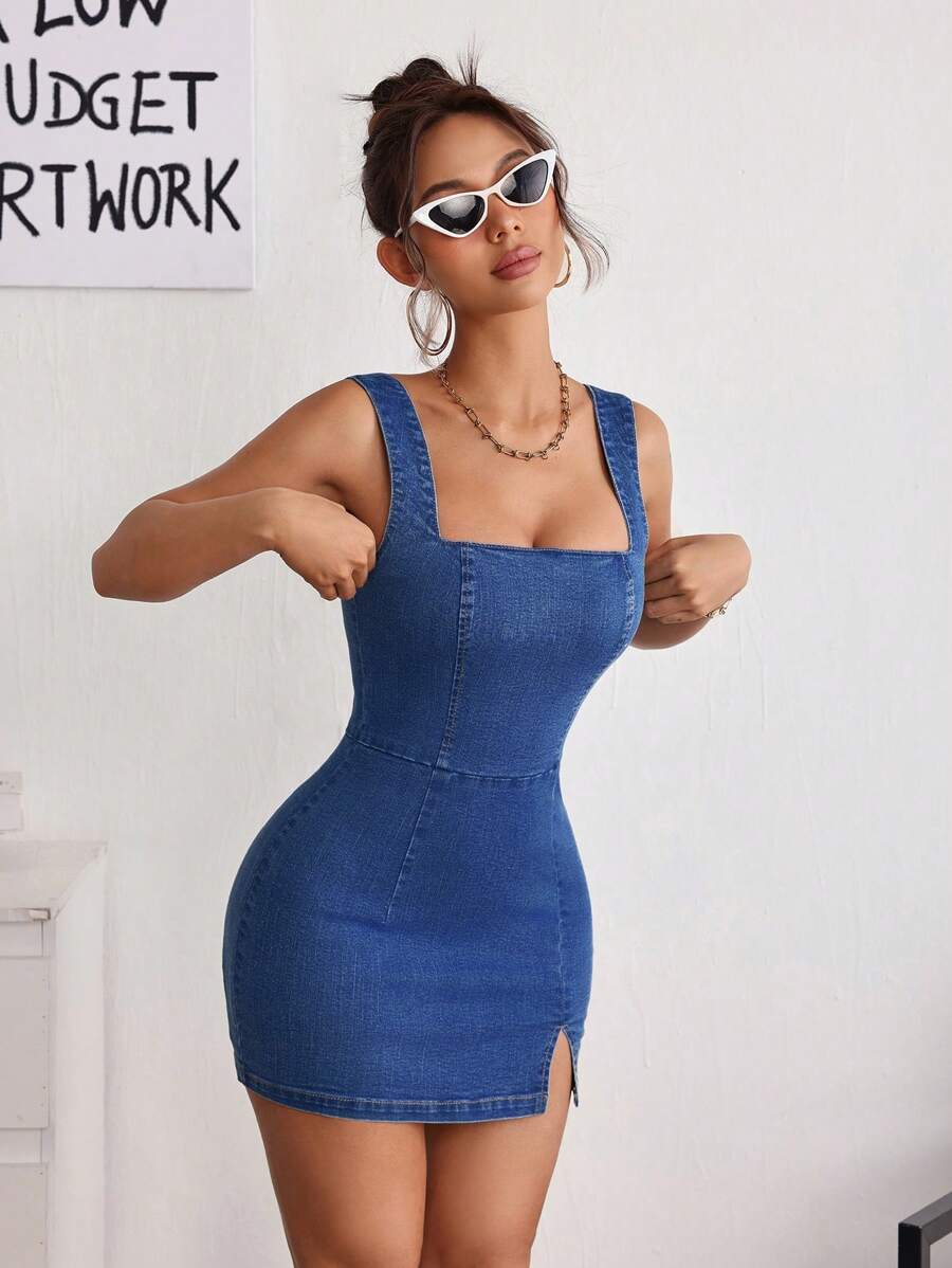 Turn heads in this striking petite backless slit denim dress, designed for unforgettable date nights. The daring open back and thigh-high slit create an alluring silhouette that balances classic denim with modern edge. Perfect for those who want to make a bold statement while staying comfortable and confident. Ideal for dinner dates, nights out, or any occasion where you want to feel absolutely stunning.