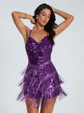 Front view of purple sequin mini romper with V-neck and layered fringe