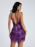 Back view of purple sequin romper with low back and adjustable straps