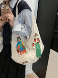 Cream crochet mesh shoulder bag mirror view with colorful fashion figure appliques