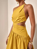 Close-up yellow one-shoulder maxi dress with side waist cutout and pleated bodice