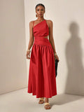 Red one-shoulder cutout maxi dress front view
