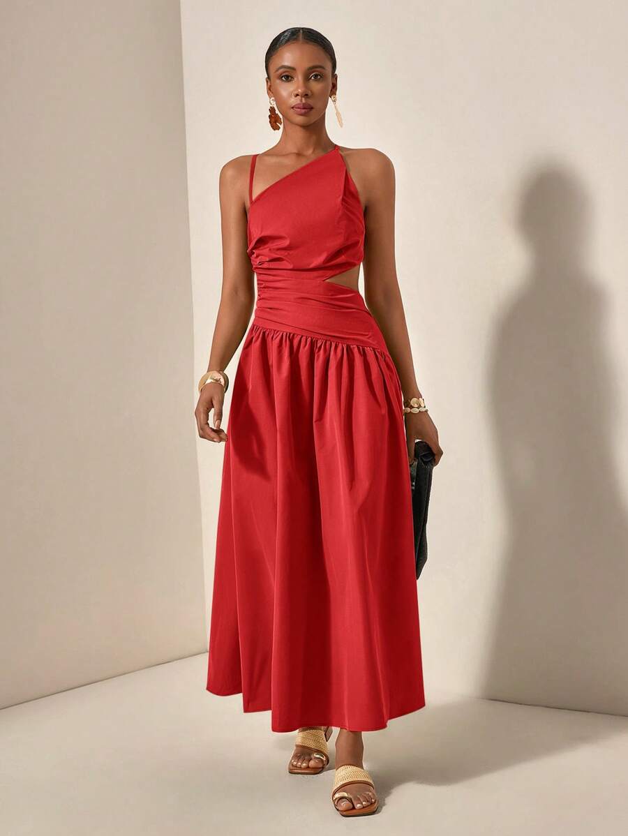 Red one-shoulder cutout maxi dress front view
