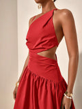 Close-up red one-shoulder maxi dress with side waist cutout and ruched waistband