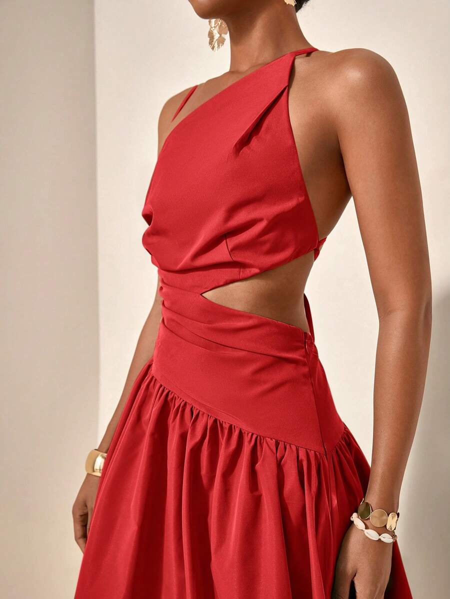 Close-up red one-shoulder maxi dress with side waist cutout and ruched waistband