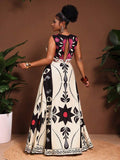 Close-up view of tropical rainforest plus size maxi dress for elegant spring/summer vacations and everyday chic with summer styling for summer casual wear