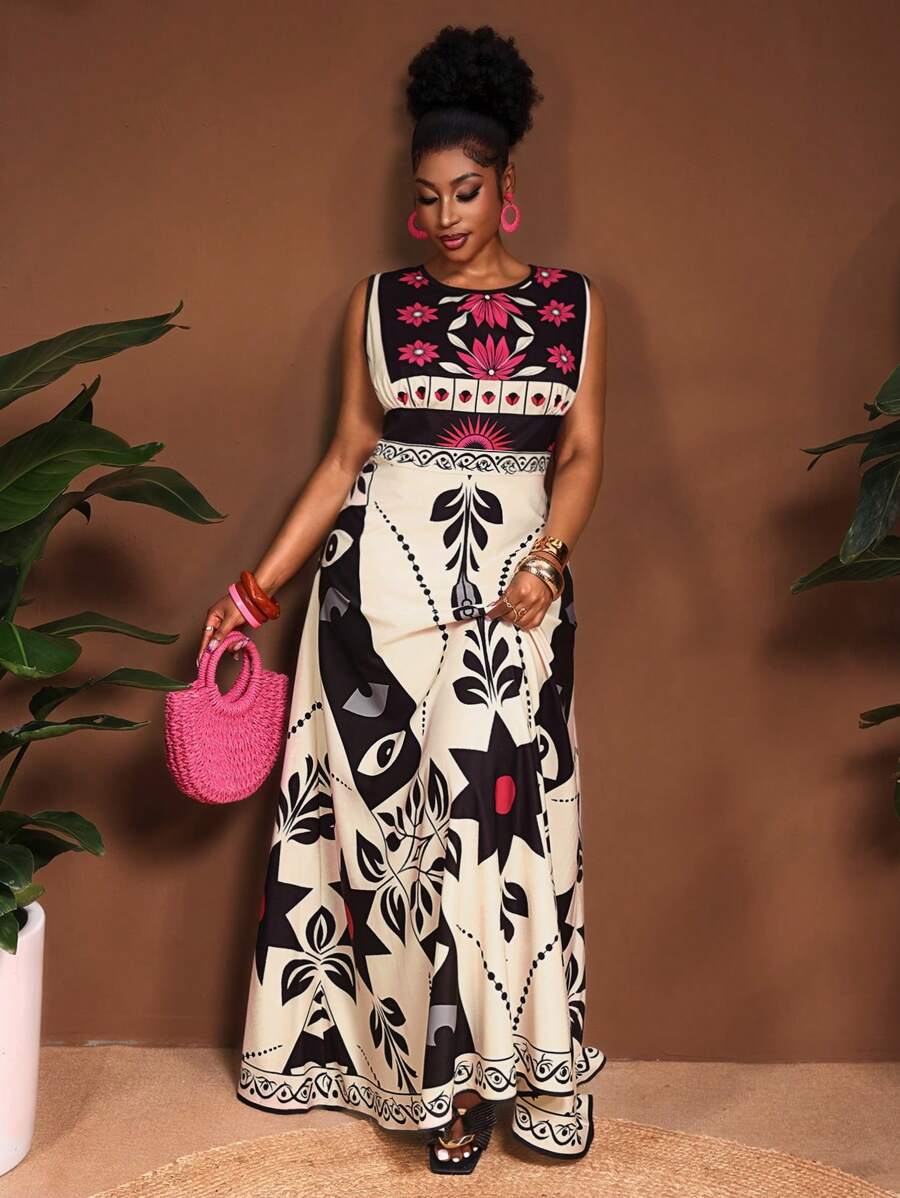 Close-up view of tropical rainforest plus size maxi dress for elegant spring/summer vacations and everyday chic with summer styling for summer casual wear