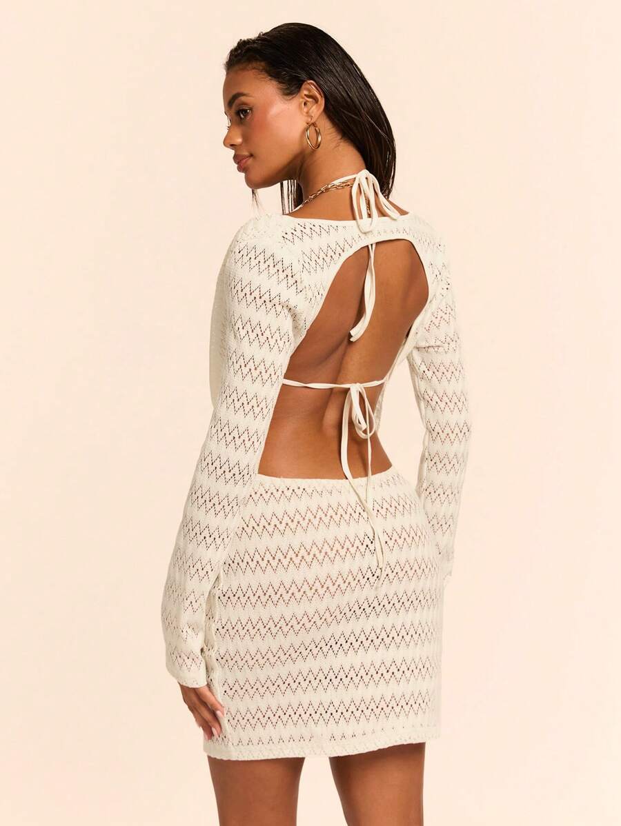 Side view of Women's Solid Color Draped Neck Long Sleeve Summer Dress Set with Keyhole Detail for women outfit styling